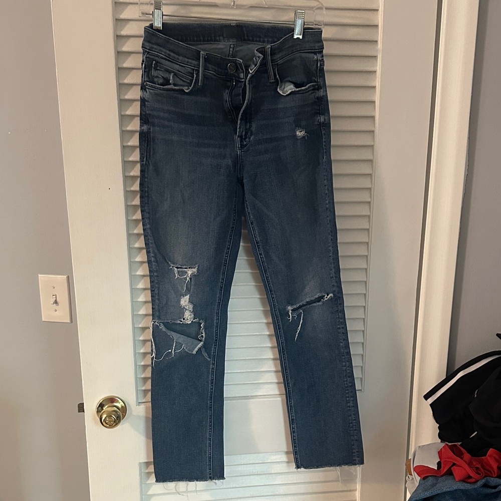 MOTHER Dark Blue Distressed Ankle Jeans